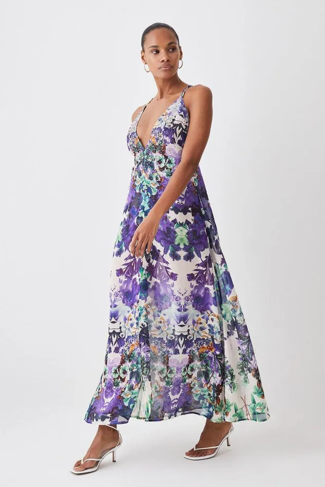 Beachwear Women Karen Millen Tall Mirrored Floral Embellished Strappy Beach Maxi Dress Purple Beachwear Women Karen Millen Tall Mirrored Floral Embellished Strappy Beach Maxi Dress Purple