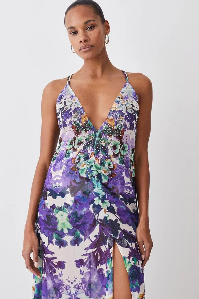 Beachwear Women Karen Millen Tall Mirrored Floral Embellished Strappy Beach Maxi Dress Purple