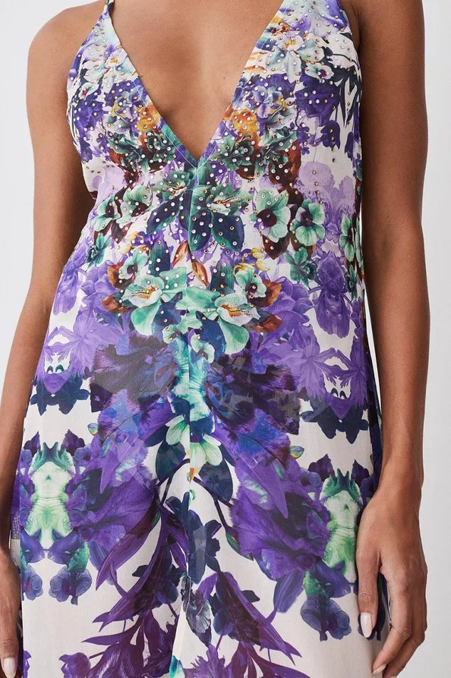 Beachwear Women Karen Millen Tall Mirrored Floral Embellished Strappy Beach Maxi Dress Purple