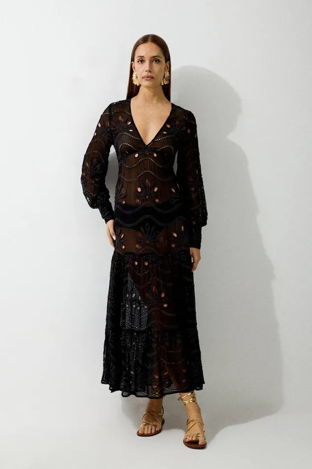 Beachwear Women Karen Millen Viscose Georgette Cutwork Beach Maxi Dress Black Beachwear Women Karen Millen Viscose Georgette Cutwork Beach Maxi Dress Black