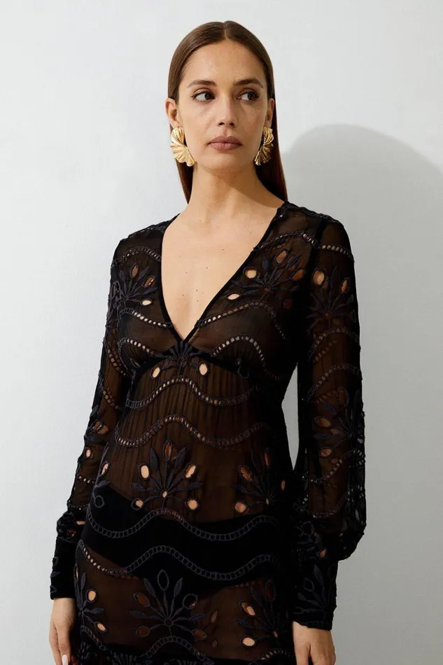 Beachwear Women Karen Millen Viscose Georgette Cutwork Beach Maxi Dress Black