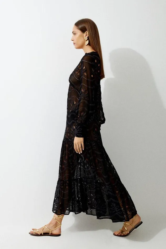 Beachwear Women Karen Millen Viscose Georgette Cutwork Beach Maxi Dress Black