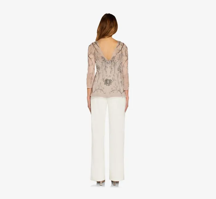 Beaded Dresses Womens Adrianna Papell Floral HandBeaded Illusion Top In Marble
