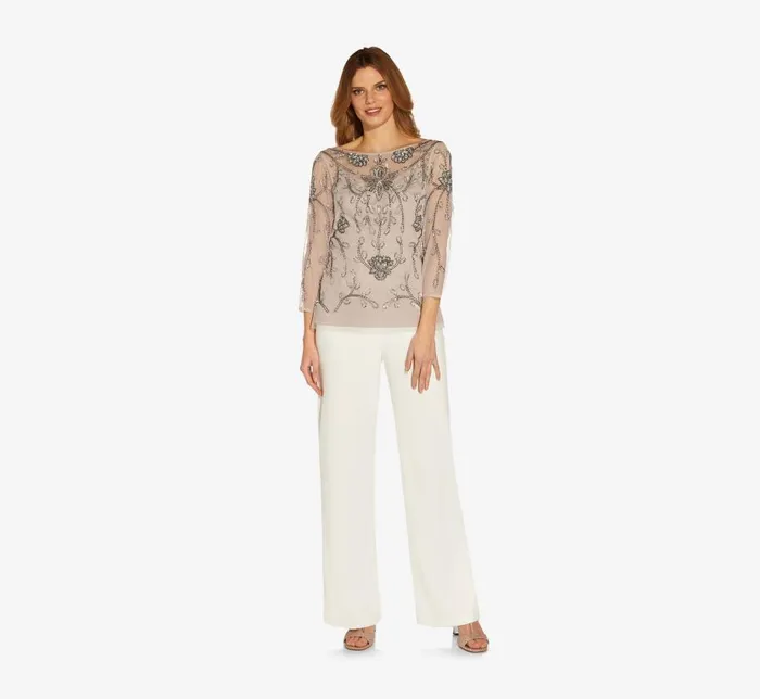 Beaded Dresses Womens Adrianna Papell Floral HandBeaded Illusion Top In Marble