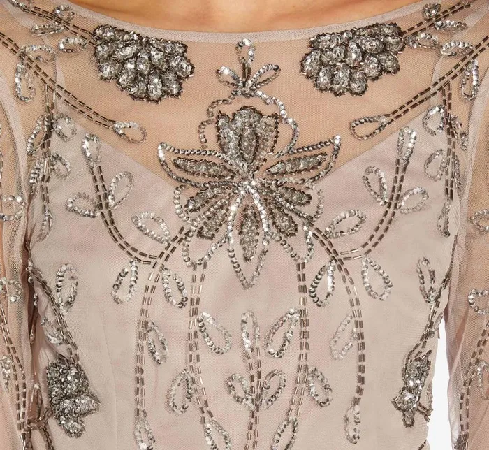 Beaded Dresses Womens Adrianna Papell Floral HandBeaded Illusion Top In Marble