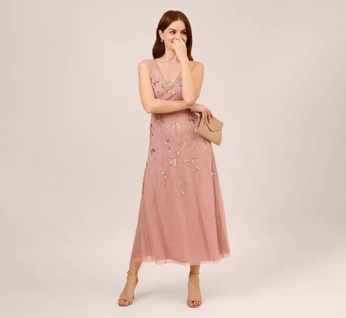 Beaded Dresses Womens Adrianna Papell HandBeaded Illusion AnkleLength Dress In Candied Ginger