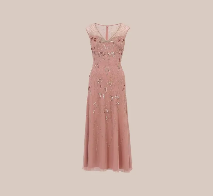 Beaded Dresses Womens Adrianna Papell HandBeaded Illusion AnkleLength Dress In Candied Ginger