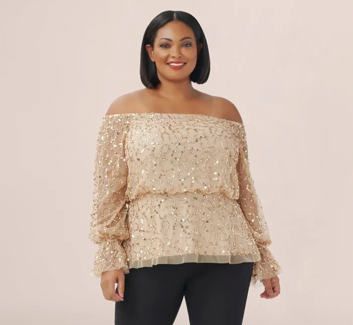 Beaded Dresses Womens Adrianna Papell Plus Size HandBeaded OffTheShoulder Blouson Top In Champagne Gold Beaded Dresses Womens Adrianna Papell Plus Size HandBeaded OffTheShoulder Blouson Top In Champagne Gold