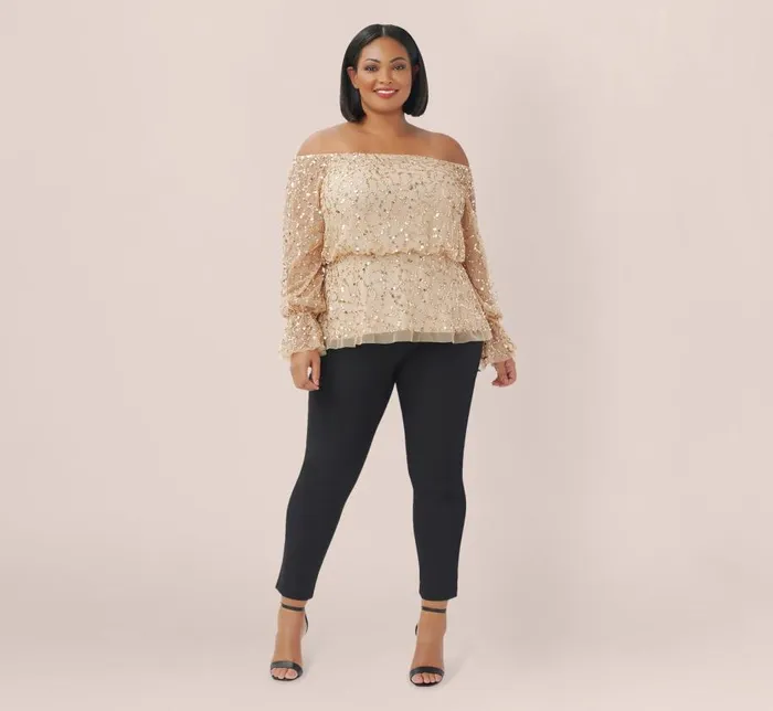 Beaded Dresses Womens Adrianna Papell Plus Size HandBeaded OffTheShoulder Blouson Top In Champagne Gold