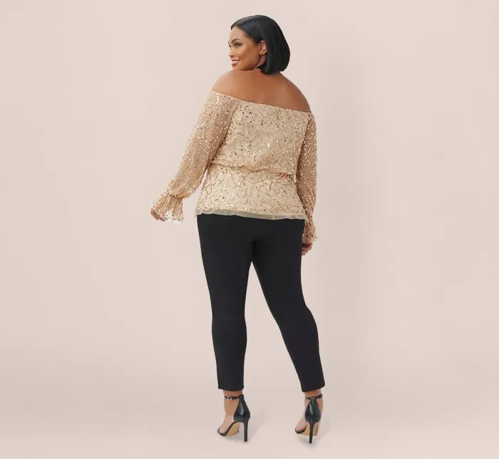 Beaded Dresses Womens Adrianna Papell Plus Size HandBeaded OffTheShoulder Blouson Top In Champagne Gold