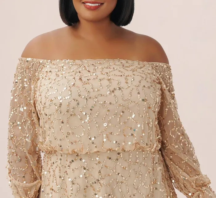 Beaded Dresses Womens Adrianna Papell Plus Size HandBeaded OffTheShoulder Blouson Top In Champagne Gold
