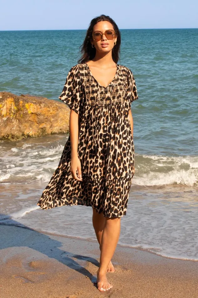 Beige Leopard Print Frill Hem Smock Dress Women Roman Dresses