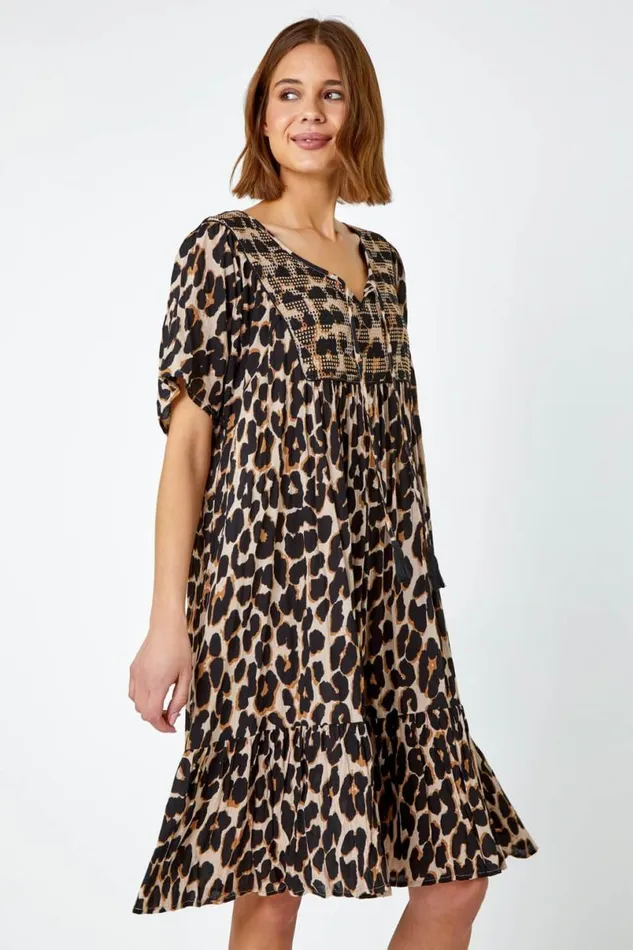 Beige Leopard Print Frill Hem Smock Dress Women Roman Dresses