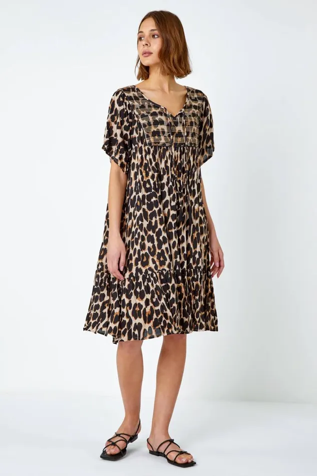 Beige Leopard Print Frill Hem Smock Dress Women Roman Dresses