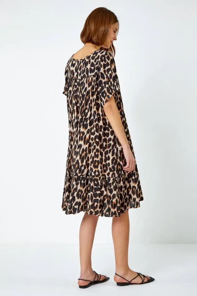 Beige Leopard Print Frill Hem Smock Dress Women Roman Dresses