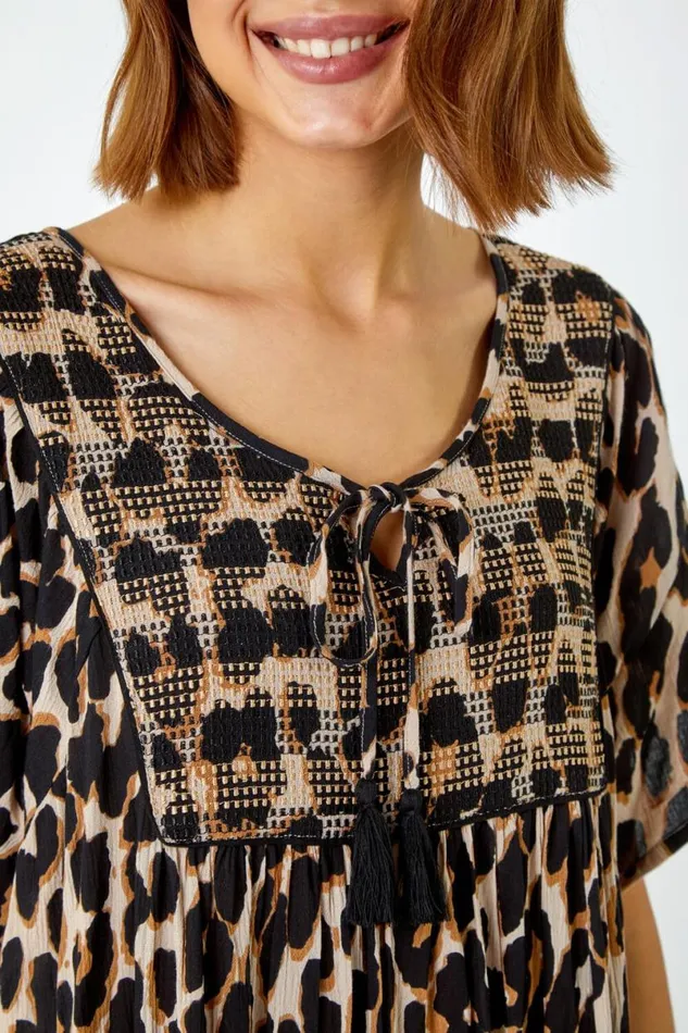 Beige Leopard Print Frill Hem Smock Dress Women Roman Dresses