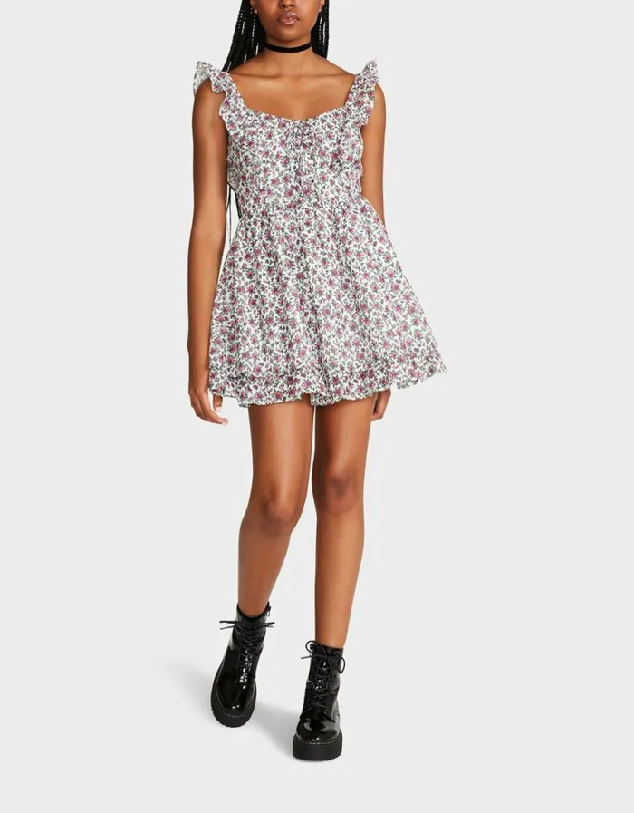 Betsey Johnson Women VINTAGE DITSY FLORAL MINI DRESS WHITE MULTI