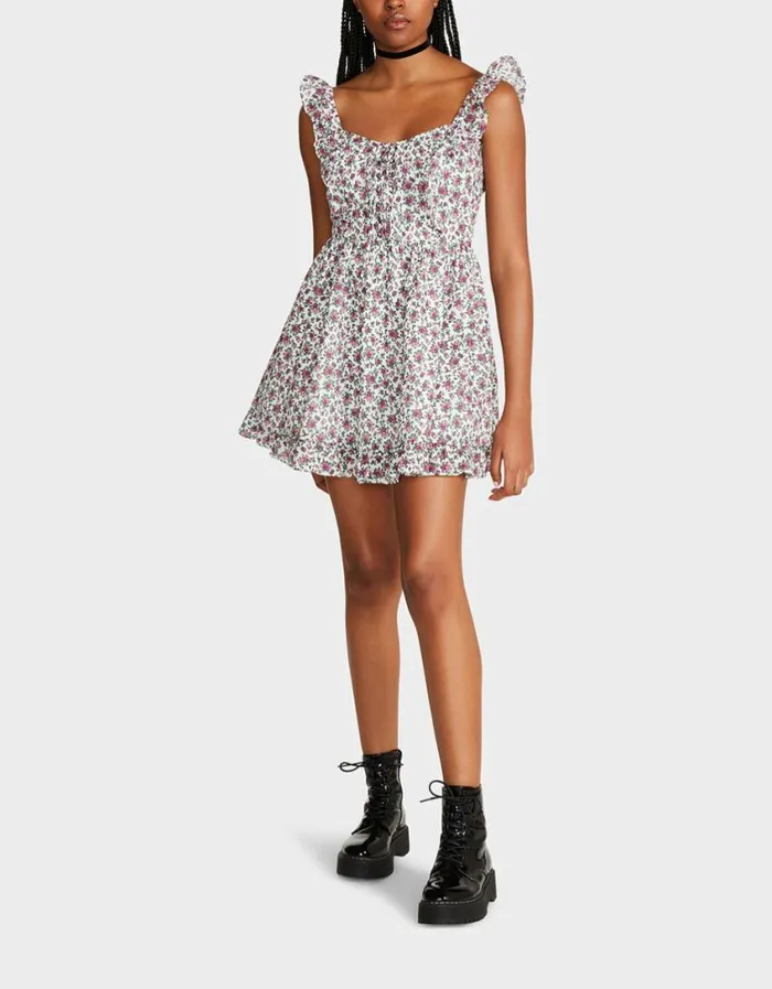 Betsey Johnson Women VINTAGE DITSY FLORAL MINI DRESS WHITE MULTI