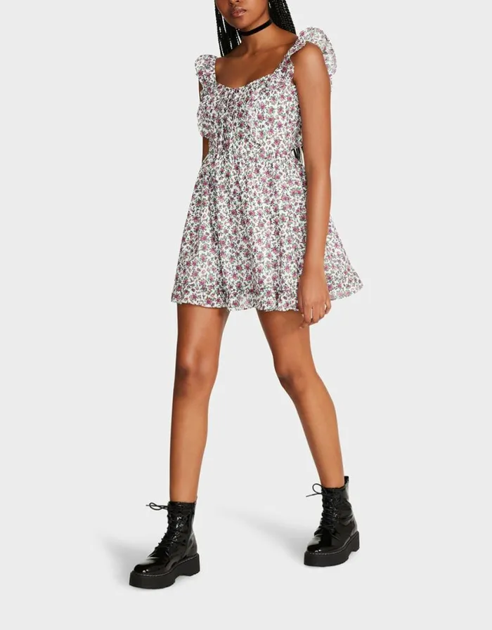 Betsey Johnson Women VINTAGE DITSY FLORAL MINI DRESS WHITE MULTI