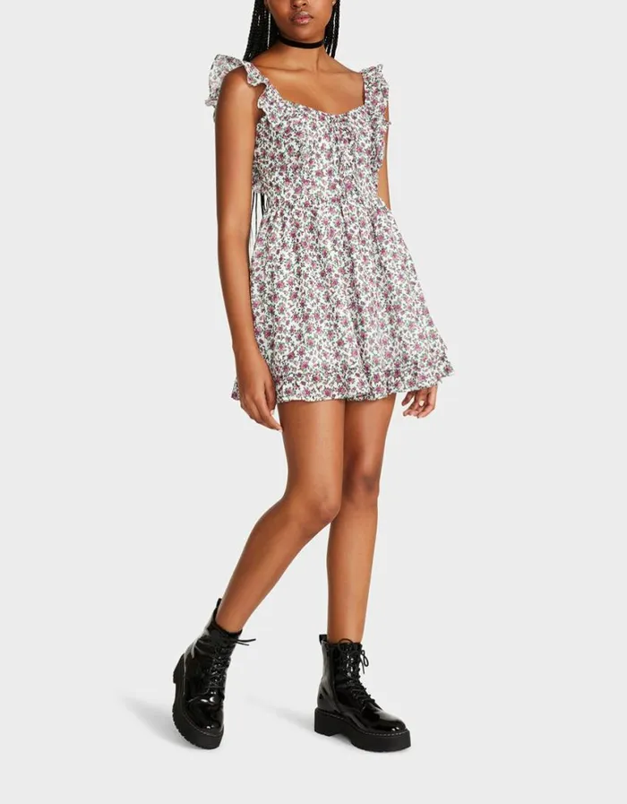 Betsey Johnson Women VINTAGE DITSY FLORAL MINI DRESS WHITE MULTI