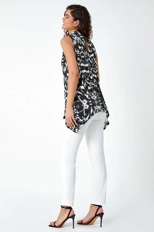Black Abstract Print Hanky Hem Stretch Top Women Roman Tops