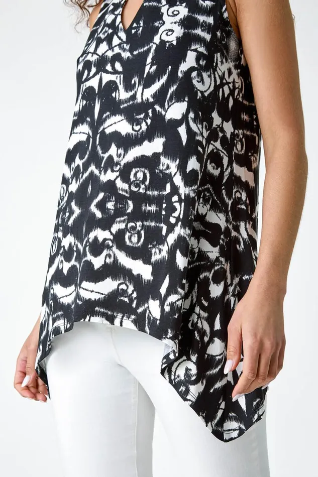 Black Abstract Print Hanky Hem Stretch Top Women Roman Tops