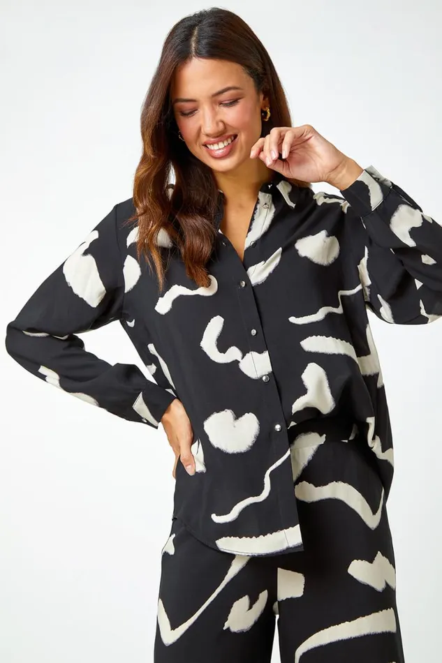 Black Abstract Print Longline Shirt Women Roman Tops
