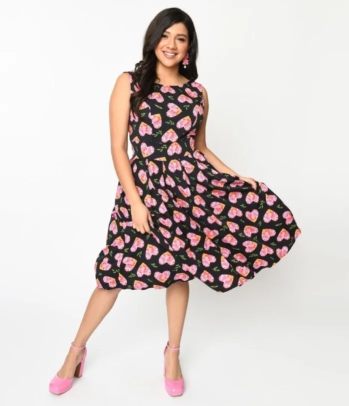 Black and Multicolor Floral Hearts Swing Dress DressesPlus Unique Vintage Pocket Dresses