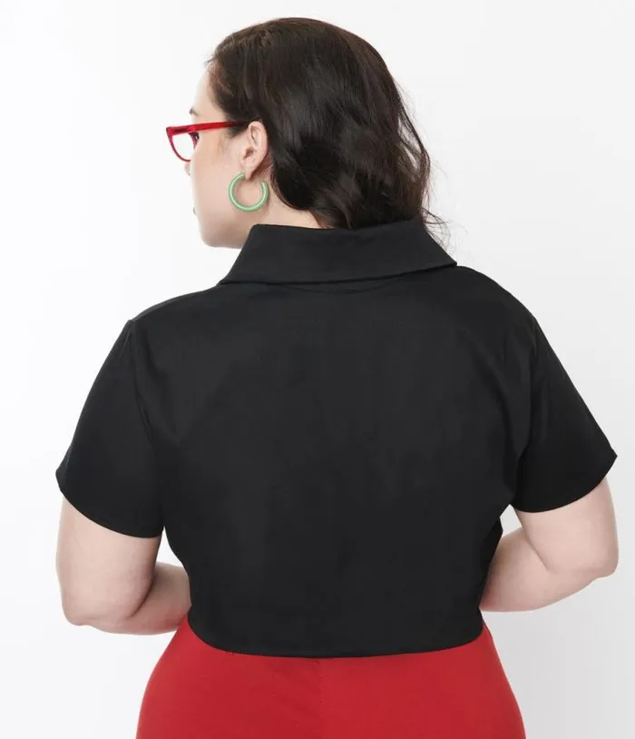 Black and Red Cherry Patch Crop Top Clothing Unique Vintage Blouses