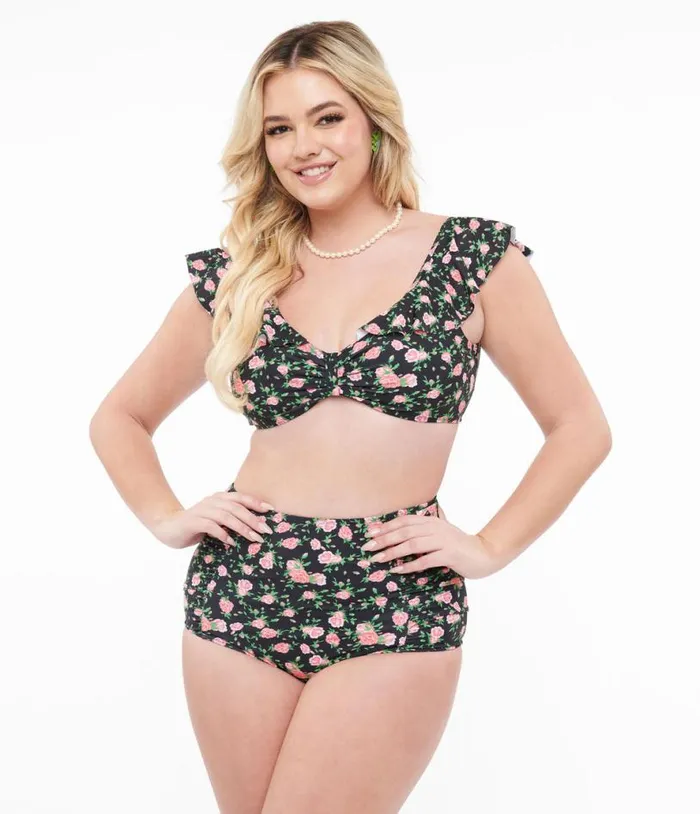 Black and Rose Print Two Piece Swim Set Plus Unique Vintage Two Piece Swim