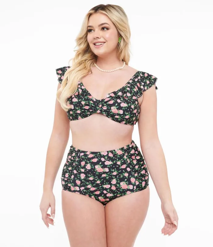 Black and Rose Print Two Piece Swim Set Plus Unique Vintage Two Piece Swim
