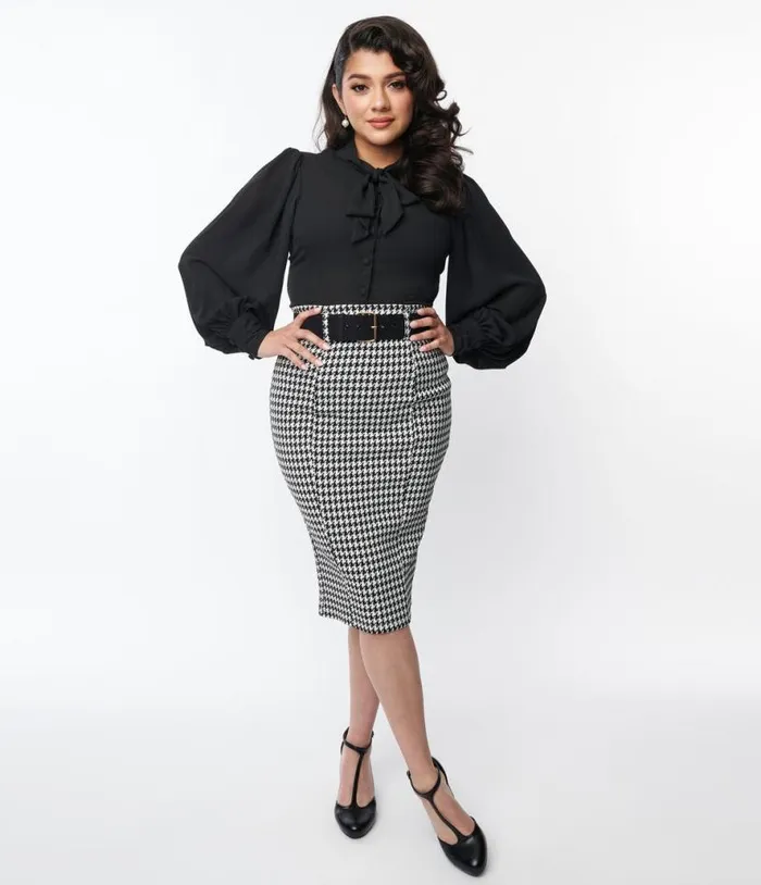 Black and White Houndstooth Belted Pencil Skirt ClothingPlus Unique Vintage Skirts Black and White Houndstooth Belted Pencil Skirt ClothingPlus Unique Vintage Skirts