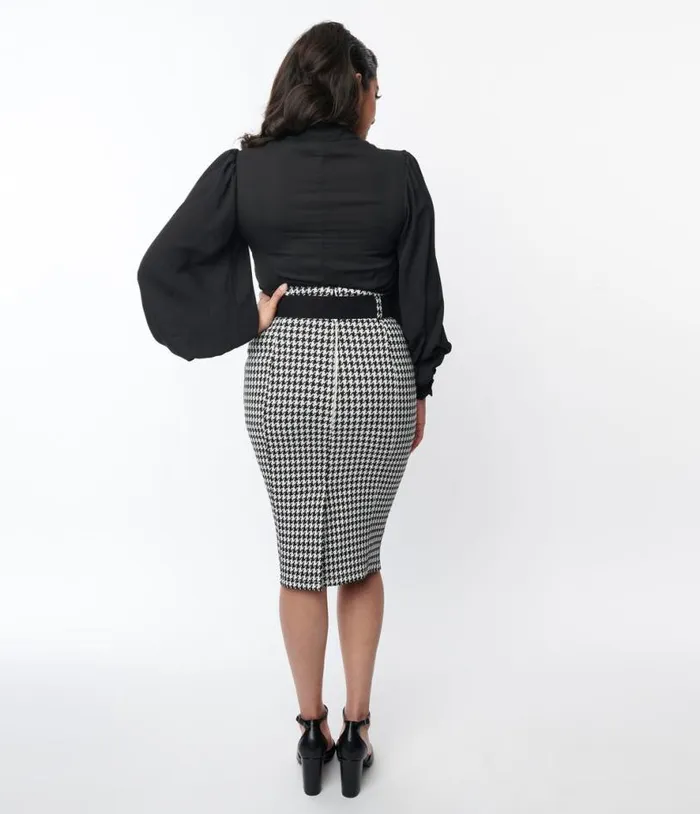 Black and White Houndstooth Belted Pencil Skirt ClothingPlus Unique Vintage Skirts