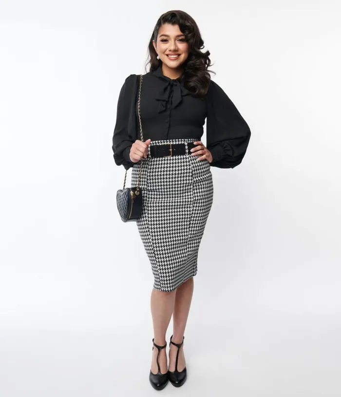Black and White Houndstooth Belted Pencil Skirt ClothingPlus Unique Vintage Skirts