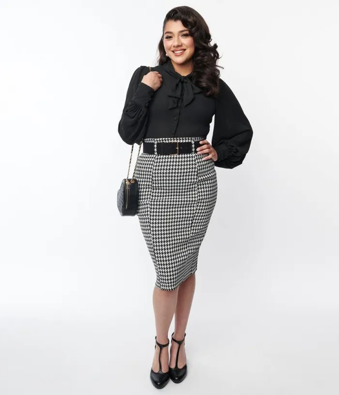 Black and White Houndstooth Belted Pencil Skirt ClothingPlus Unique Vintage Skirts