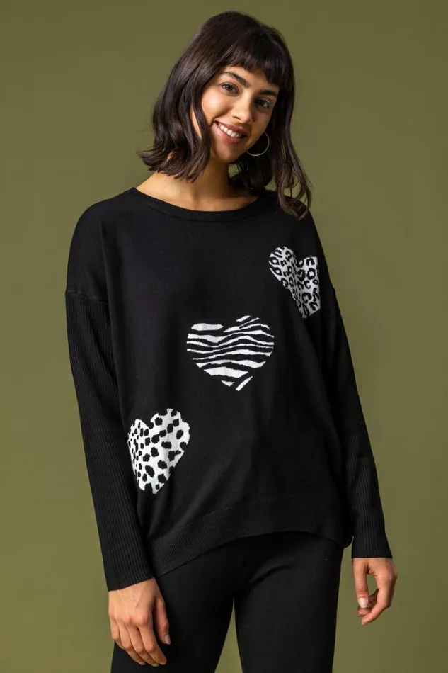 Black Animal Heart Print Jumper Women Roman Knitwear