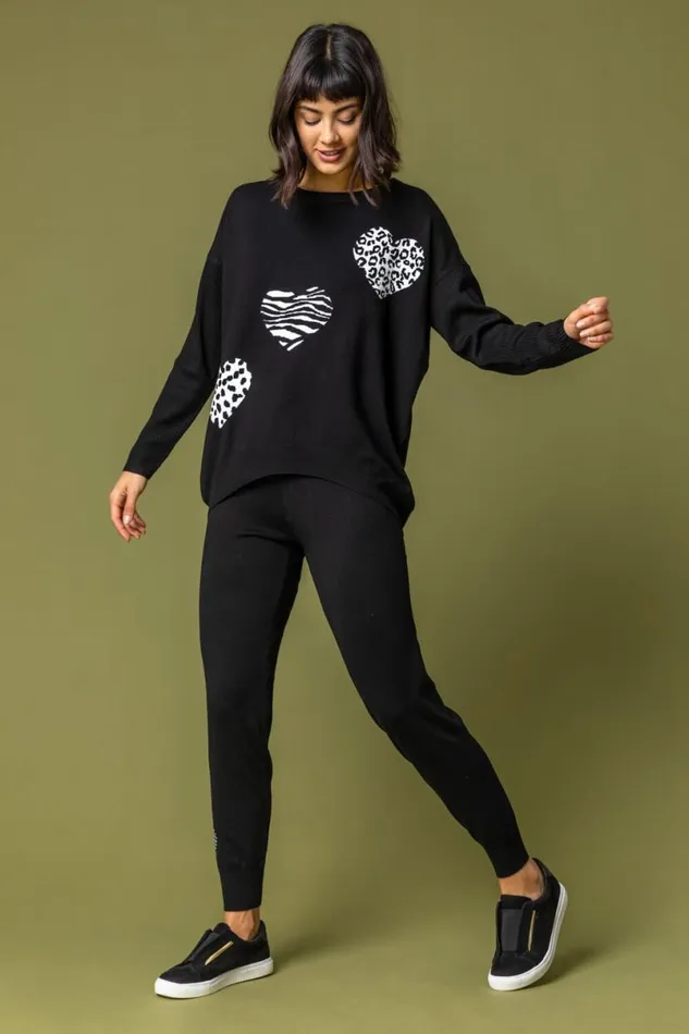 Black Animal Heart Print Jumper Women Roman Knitwear
