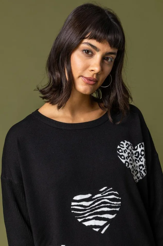 Black Animal Heart Print Jumper Women Roman Knitwear