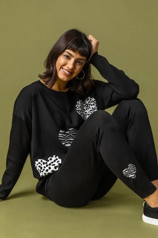 Black Animal Heart Print Jumper Women Roman Knitwear