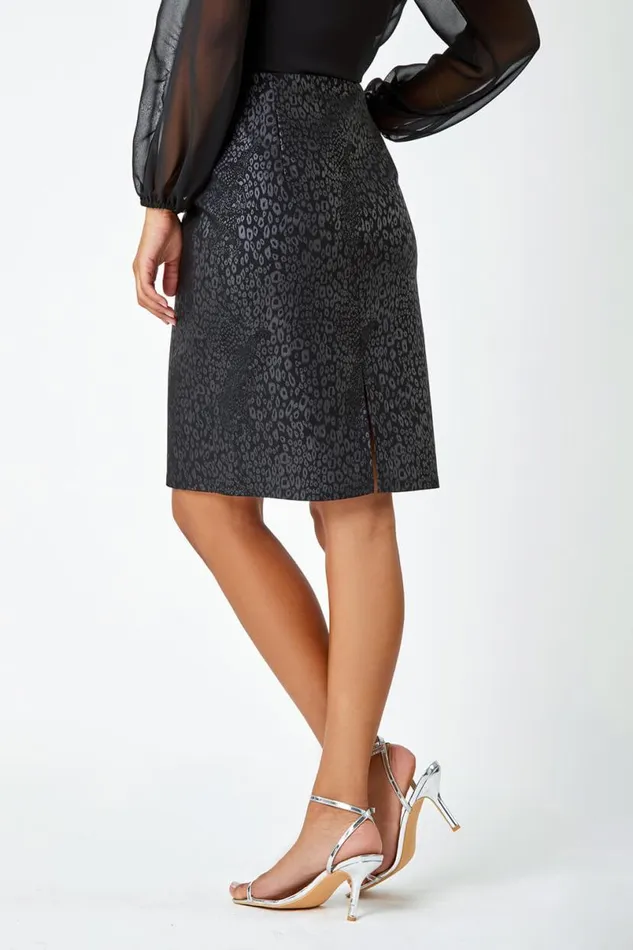 Black Animal Print Elastic Waist Pencil Skirt Women Roman Skirts