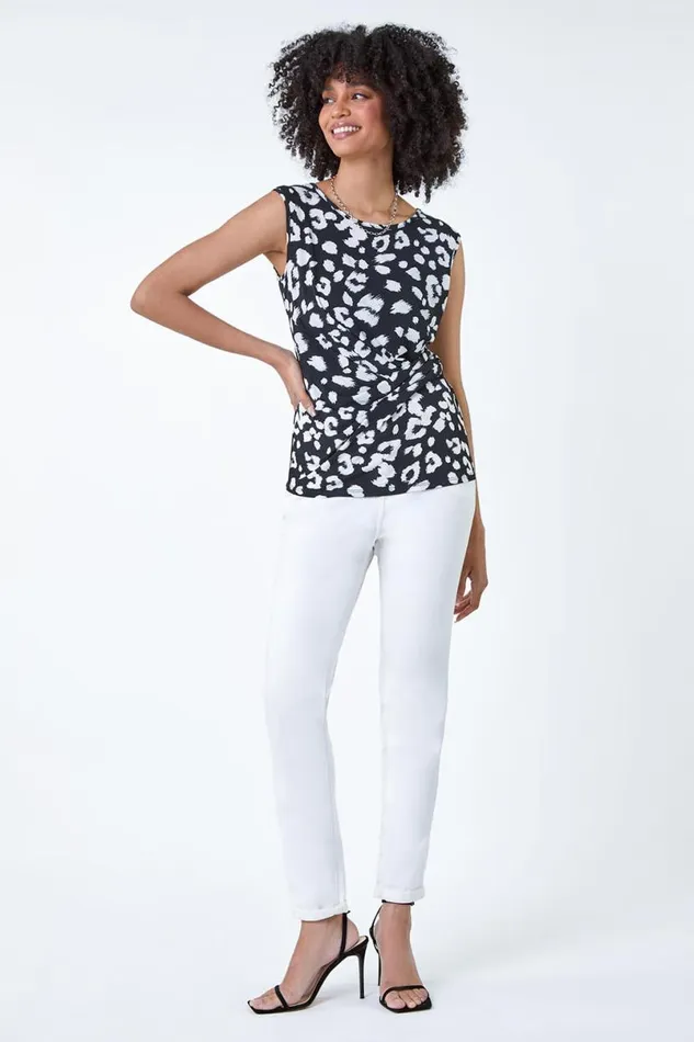 Black Animal Print Stretch Twist Detail Top Women Roman Tops