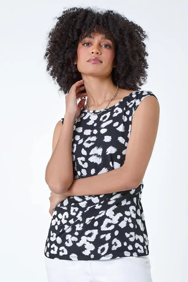 Black Animal Print Stretch Twist Detail Top Women Roman Tops