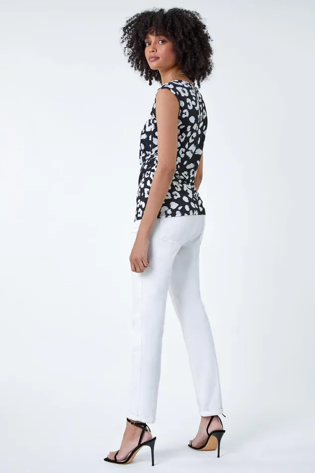 Black Animal Print Stretch Twist Detail Top Women Roman Tops