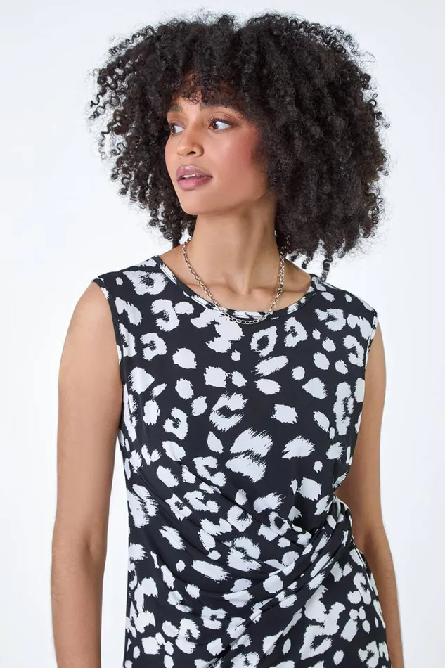 Black Animal Print Stretch Twist Detail Top Women Roman Tops