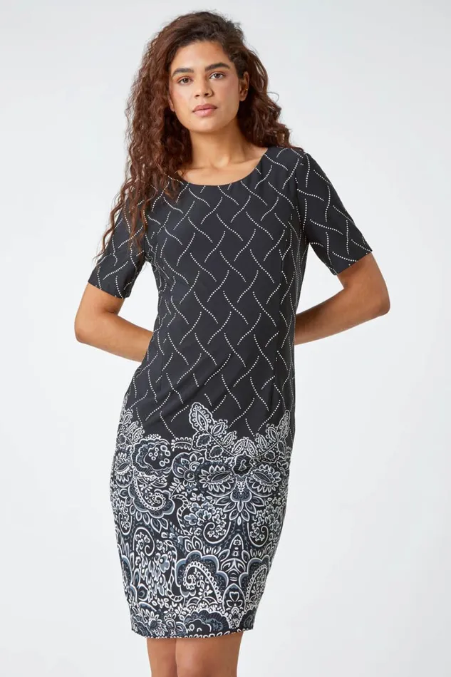 Black Border Print Shift Stretch Dress Women Roman Dresses