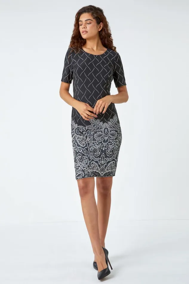 Black Border Print Shift Stretch Dress Women Roman Dresses