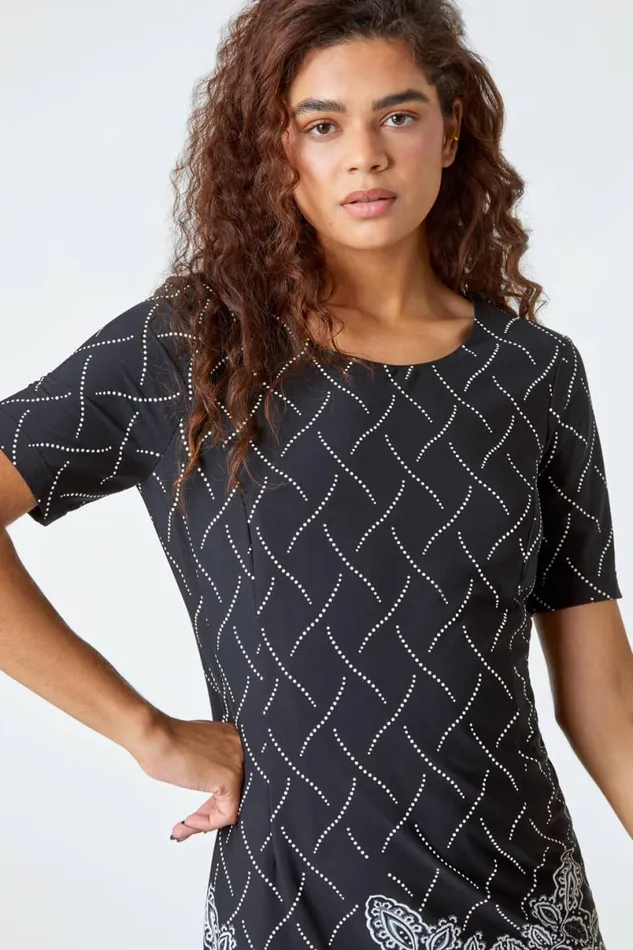 Black Border Print Shift Stretch Dress Women Roman Dresses