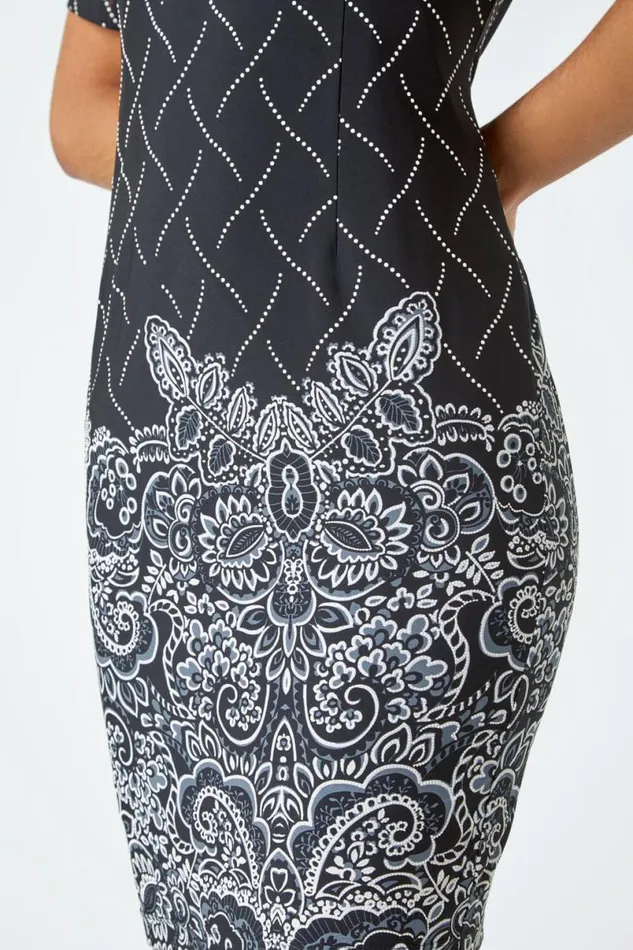 Black Border Print Shift Stretch Dress Women Roman Dresses
