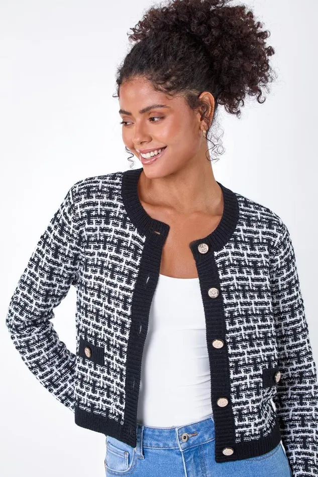 Black Boucle Knitted Contrast Cardigan Women Roman Knitwear