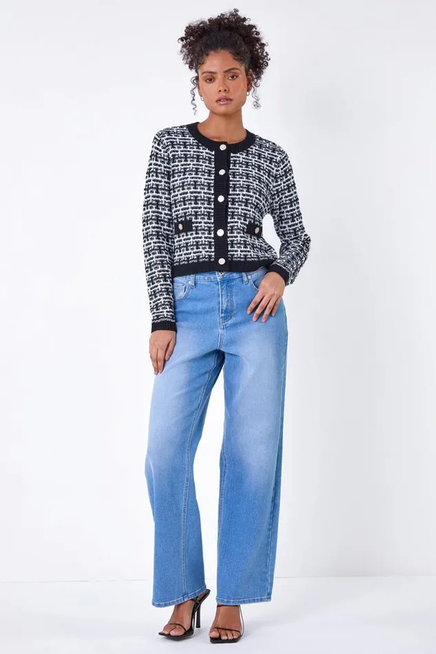 Black Boucle Knitted Contrast Cardigan Women Roman Knitwear